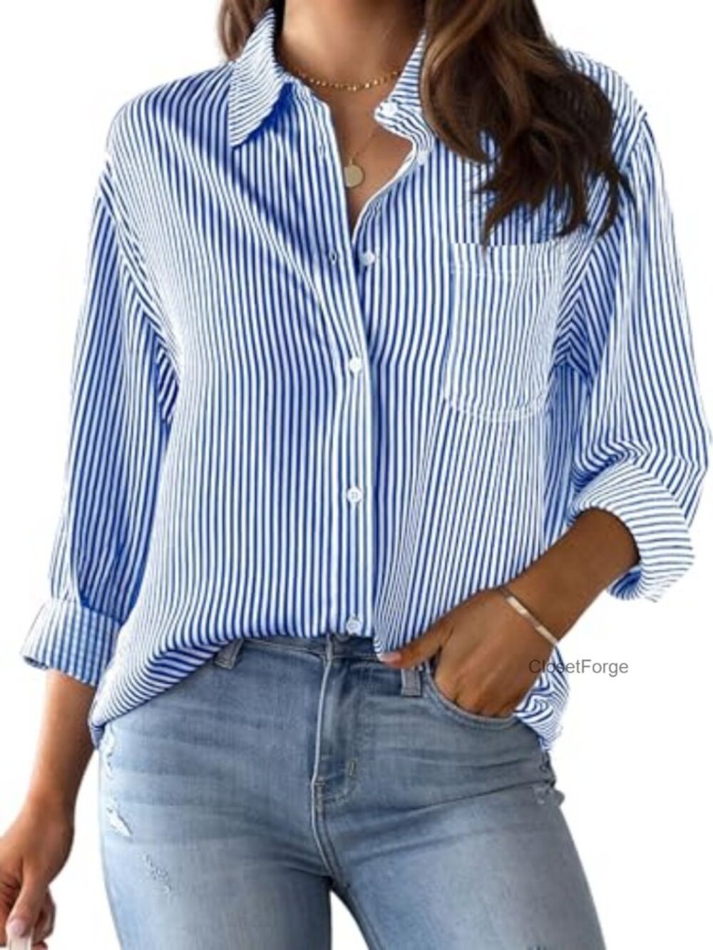 Women's Striped Long Sleeve Button Down Blouse Office Work Top Wrinkle